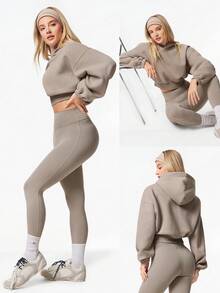 GLOWMODE Everyday Fleece Cozy Camper Soft Lightweight Warm Relaxed Fit Cropped Hoodie Sweatshirt Autumn Winter Outdoors Daily Casual Wear - Khaki - View 7