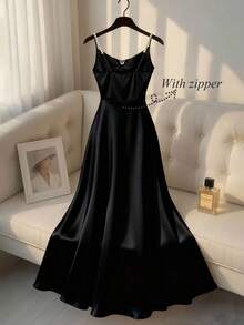 SHEIN Franclia 女士优雅缎面珍珠吊带裙，A 字廓形，适合通勤、派对和活动 - 黑色 - 查看 4