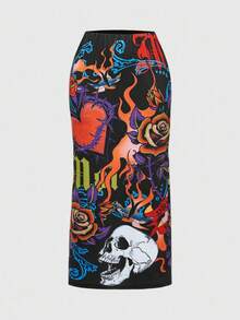 ROMWE Avant 秋季女装 Y2K 复古坏女孩骷髅心形火焰文字印花女裙 - 彩色 - 查看 1