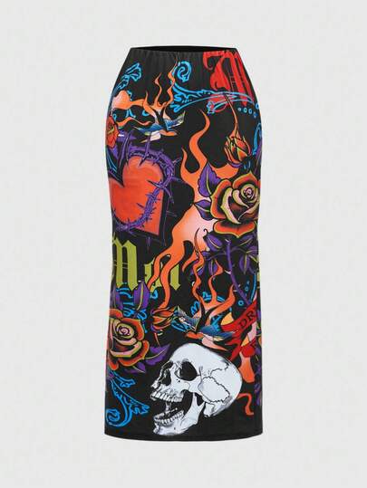 ROMWE Avant Fall Women Clothes Y2K Retro Baddie Skeleton Heart Flame Text Print Women Mini Skirt