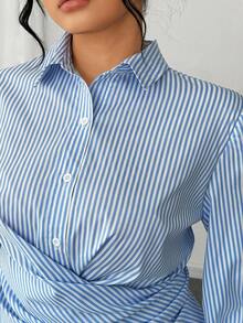 Elenzga Camisa feminina casual plus size com listras e bainha assimétrica, manga comprida, adequada para uso diário, outono/inverno - Multicolorido - Ver 8