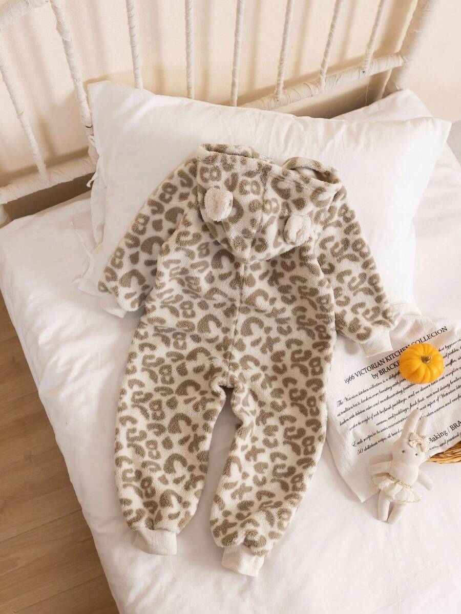 女童豹纹毛绒连帽拉链连体衣，冬季保暖毛绒睡衣 - 米色 - 查看 1