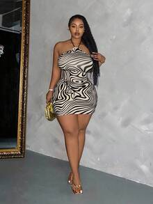 Slaydiva Plus Size Elegant Bodycon Halter Neck Tie-Dye Print Dress For Summer - Multicolor - View 4