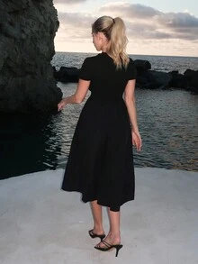 Turnttoni 黑色魚骨拼接短袖中長款連衣裙 - 黑色 - 查看 2