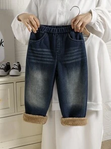 SHEIN 秋冬款年轻男孩休闲日常通勤百搭松紧腰保暖内衬牛仔裤