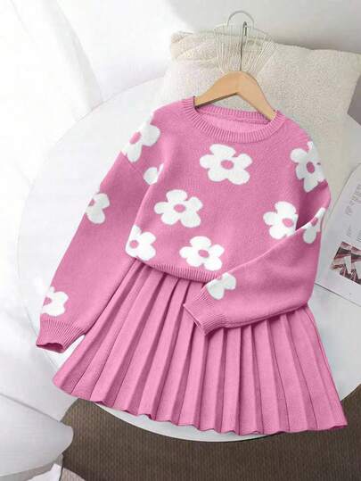 SHEIN Vintaside Kids Tween Girls' Sweet Versatile Round Neck Blue Sweater Paired With Floral Pleated Skirt, Suitable For Home, Outing, Party, Back To School Winter Christmas Halloween Toddler Cardigan Sweater Autumn Fall Jumpers Sweaters Tops Skirt Skirt Christmas Jumper Cozy Pixies Prepcrw Christmas Outfit Halloween New Born Toddler Fall Winter Skirt Halloween