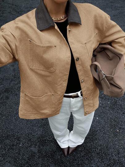 Siren Gaze 2025 秋季新款撞色领灯芯绒外套，商务休闲办公装，优雅教师日常街头风，秋季必备单品 - 棕色/卡其色女式大地色系冬季外套