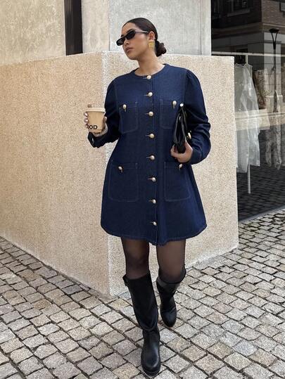 Dripcurv Plus-Size Women's Blue Autumn/Winter Round Neck Metallic Long-Sleeved Denim Dress, Christmas Outfit, Winter Dress, Retro Vintage Style, New Year's Outfit.