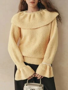 INAWLY Women's Solid Color Round Neck Long Sleeve Ruffle Patchwork Loose Sweater, Autumn/Winter - Yellow - View 5