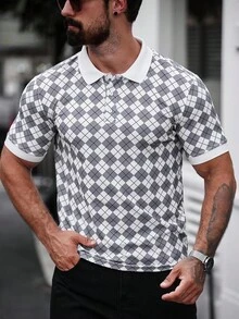 Manfinity Homme Camisa polo de moda casual para hombre, con estampado geométrico, camisa polo versátil - Blanco - Ver 6