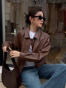 SHEIN K-Vae 女士秋冬棕色翻领老款PU夹克，防风保暖冬季夹克，机车夹克，新年夹克 - 棕色 - 查看 7