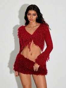 TRNVIE 1 Áo len dệt kim tua rua cổ chữ V màu đỏ dành cho nữ, mặc hàng ngày và dự tiệc - Màu Đỏ Sâu - Xem 7