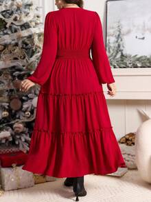 SHEIN LUNE Váy maxi họa tiết hoa xanh lá cây cỡ lớn cho nữ dịp Giáng sinh, mùa xuân, trang phục giáo viên cho phụ nữ, váy lễ Phục sinh cho phụ nữ mùa hè phong cách Boho cổ điển cỡ lớn thời trang mới màu đỏ thuần khiết cổ chữ V, thích hợp cho tiệc tốt nghiệp, kỳ nghỉ và hẹn hò, váy dự tiệc cao cấp thanh lịch cỡ lớn cho phụ nữ cỡ lớn tay dài eo, váy thanh lịch cho mùa thu và mùa đông, váy đỏ cỡ lớn - Màu Đỏ Sâu - Xem 5