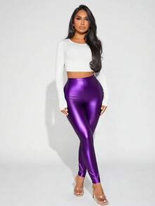 SHEIN Tall CURVE Plus Size Women High Waist Solid Color PU Leather Leggings - Purple - View 3