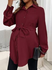SHEIN Pregnant Women's Casual, Everyday, Workwear Versatile Solid Color Patchwork Pocket Belted Shirt, Spring/Autumn