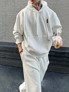 DAZY 男士刺绣设计保暖内衬连帽衫套装，浅灰色，秋冬