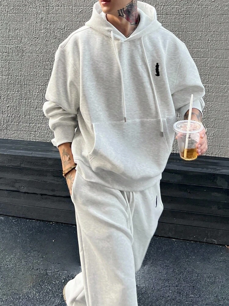 Men's Embroidery Design Thermal Lined Hoodie Set, Light Grey, Autumn/Winter