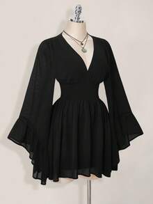 SHEIN ICON 女式纯色V领束腰优雅长袖迷你连衣裙 - 黑色 - 查看 4