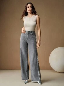 Anewsta Quần jean ống rộng rộng rãi họa tiết ngọc trai giả thời trang thường ngày cho nữ - Xám - Xem 6