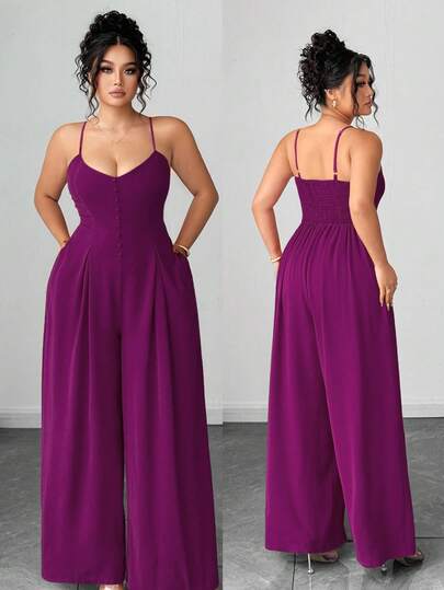Elenzga Mono elegante y digno con botones, cintura plisada y pierna ancha para mujer de talla grande