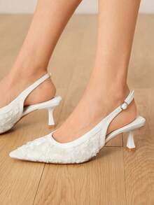 CUCCOO HITCHD 1 Đôi giày cao gót hở mũi ren trắng, phong cách cô dâu và kỳ nghỉ dành cho nữ - trắng - Xem 5