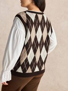 Nubod Plus Size New Arrival Popular Elegant Women V-Neck Long Sleeve Geometric Pattern Vest, Autumn/Winter - Multicolor - View 2