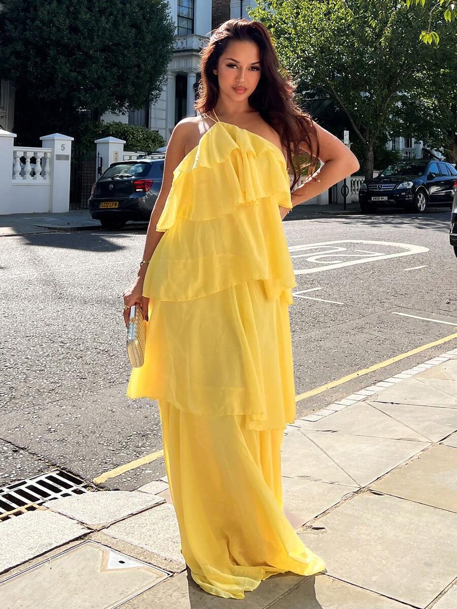 NegzBox Váy Maxi Chiffon Xếp Tầng Thanh Lịch Lãng Mạn Cho Khách Dự Tiệc Cưới - Màu vàng - Xem 1