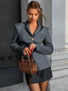 Siren Gaze Gray Striped Shaping Blazer With Belt, Business Casual Women's Fashionable Commuter, Can Be Paired With Blazer Dress For Women Women Suits, Office Clothes Women, Office Blouse, Autumn&Winter - Grey - View 6
