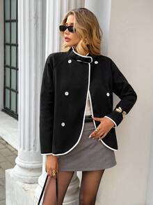 Chiquease Best-Selling French Retro Coat: Black Short Tweed Coat With White Contrast Trim, Standing Collar, Double-Breasted Buttons, Raglan Sleeves And Faux Pockets. Slim And Elegant, It's Perfect For The Office And Suitable For Various Occasions. A Versatile And Stylish Outerwear For Women In Autumn And Winter. - Black - View 3
