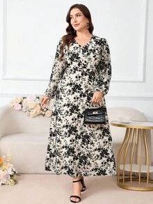 Modelyn 加大码优雅花卉印花中长连衣裙，适合通勤 - 杏色 - 查看 4