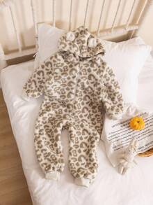 女童豹纹毛绒连帽拉链连体衣，冬季保暖毛绒睡衣 - 米色 - 查看 2
