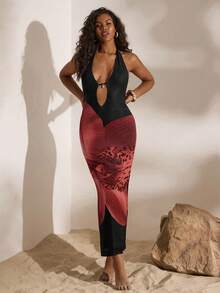 Opulessa 女式针织网眼印花露背吊带连衣裙 - 黑色 - 查看 4