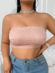 SHEIN 1pc Plus Size Lace Patchwork Wireless Camisole Bra - Apricot - View 6