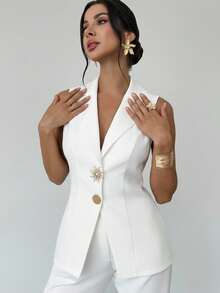 Firerie Áo vest blazer thời trang mới thanh lịch, tối giản, sang trọng, thường ngày, đa năng, đi làm, có khóa kim loại, không tay, màu tím nhạt, mùa hè - trắng - Xem 7