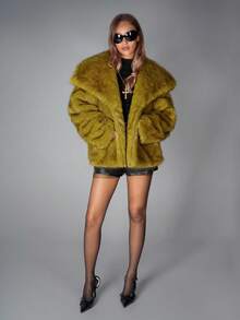 SHEIN ICON 女式黑色浸染绿色仿皮草夹克，秋冬 - 綠色 - 查看 1