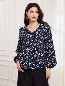 SHEIN LUNE 女士碎花V领灯笼袖宽松休闲衬衫，休闲款 - 彩色 - 查看 3