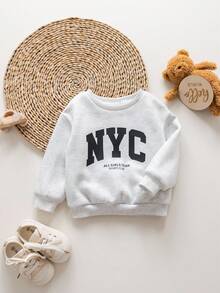 SHEIN 母女装休闲圆领字母印花长袖运动衫，保暖内衬，秋冬 - 米色 - 查看 3