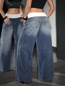 Jeanoix 大码拼色宽松直筒休闲百搭牛仔裤 - 藍色 - 查看 2