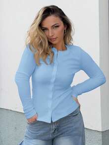 Jeta Ari Ribbed Button Through Long Sleeve Crew Neck Top, Casual Vacation Capsule Wardrobe Everyday Airport Holiday - Baby Blue - View 7