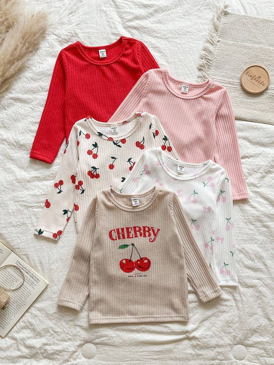 SHEIN Vintaside Kids 5 chiếc áo thun dài tay cổ tròn in hình quả anh đào và da báo dễ thương dành cho bé gái. - Đỏ - Xem 1