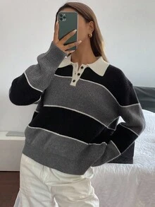 DAZY Pull tricoté décontracté à manches longues avec col polo à rayures contrastées pour femmes, automne/hiver