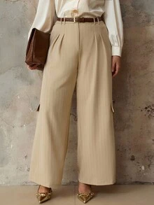 Flirla Pantalones rectos casuales y sueltos de talla grande para mujer, de cintura media con rayas tejidas - Caqui - Ver 3