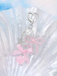 ROMWE Kawaii 1 件 Ins 风格可爱女孩优雅优质银链仿珍珠粉红丝带亚克力蝴蝶结星形钥匙扣，适合女性和女孩，日常穿着和节日礼物