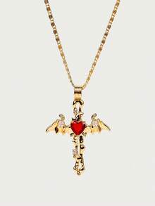 Glisma 18K 镀金复古优雅锆石心形和十字架吊坠项链、派对、夜总会、购物、复古、高级、锆石、水钻、十字架、西方珠宝、老钱、服装、哥特式/哥特、魅力项链、宝石、秋季/秋季/冬季、适合妈妈/女士/女孩/母亲、万圣节高级款 - 紅色 - 查看 2
