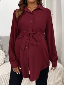 SHEIN Pregnant Women's Casual, Everyday, Workwear Versatile Solid Color Patchwork Pocket Belted Shirt, Spring/Autumn