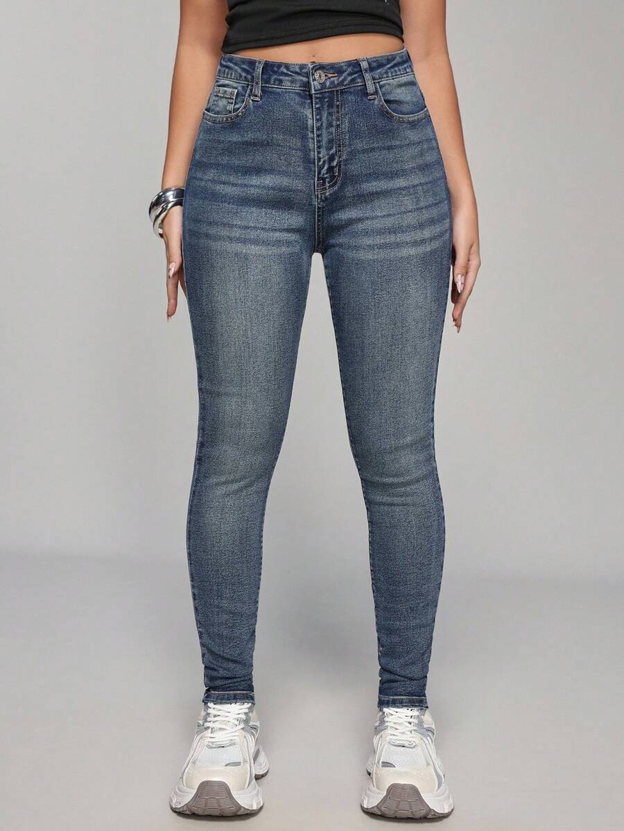 SHEIN PETITE 女式高腰口袋紧身休闲百搭牛仔裤 - 淺色水洗藍 - 查看 1