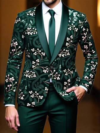 Manfinity AFTRDRK 男士花卉亮片披肩领长袖西装套装，包含外套和裤子，适合派对、聚会等场合，圣诞节适用。