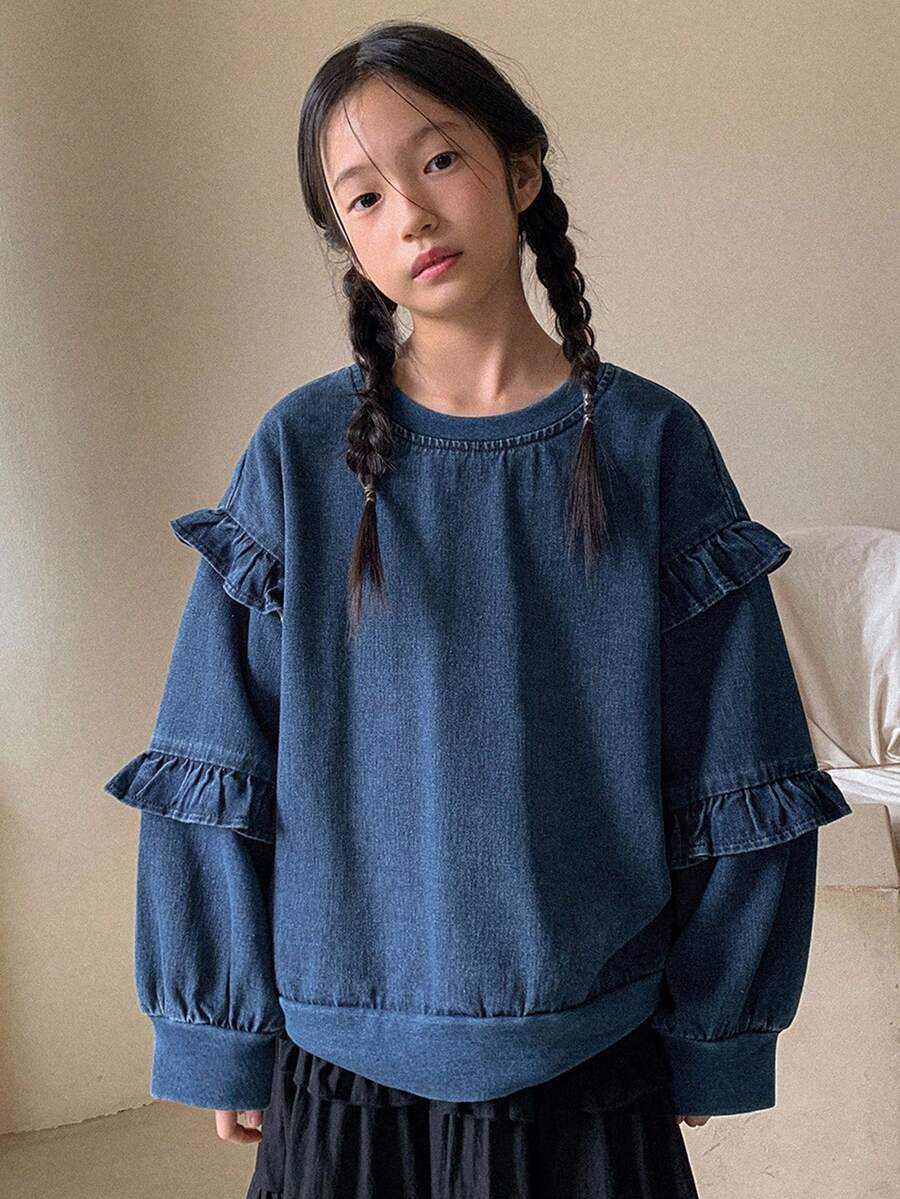 DAZY Tween Girls' Round Neck Drop Shoulder Long Sleeve Ruffle Hem Loose Casual Denim Top