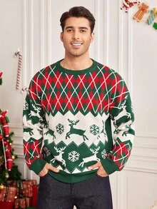 Manfinity RelaxMax Suéter de punto casual con estampado navideño de rombos para hombres, suéteres navideños familiares a juego para hombres y mujeres en otoño/invierno - Multicolor - Ver 6