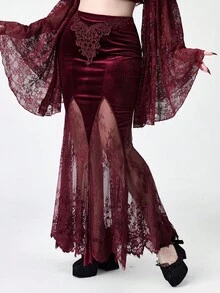 ROMWE EDITION 女士复古宫廷浪漫哥特式天鹅绒撞色蕾丝半身裙 - 酒紅色 - 查看 5